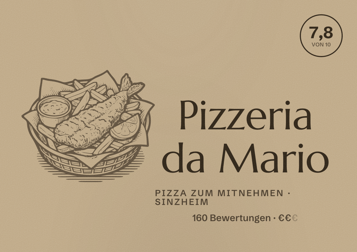 Illustriertes Poster von Pizzeria da Mario, Pizza zum Mitnehmen in Sinzheim: Bewertung 7,8 von 10 aus 160 Bewertungen, Preisniveau €€