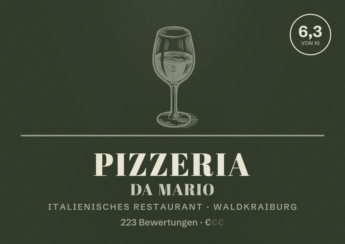 Illustriertes Poster von Pizzeria Da Mario, Italienisches Restaurant in Waldkraiburg: Bewertung 6,3 von 10 aus 223 Bewertungen, Preisniveau €