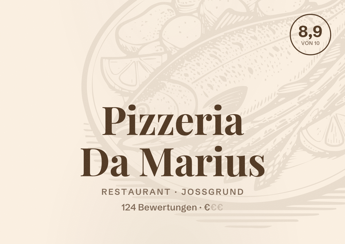 Illustriertes Poster von Pizzeria Da Marius, Restaurant in Jossgrund: Bewertung 8,9 von 10 aus 124 Bewertungen, Preisniveau €