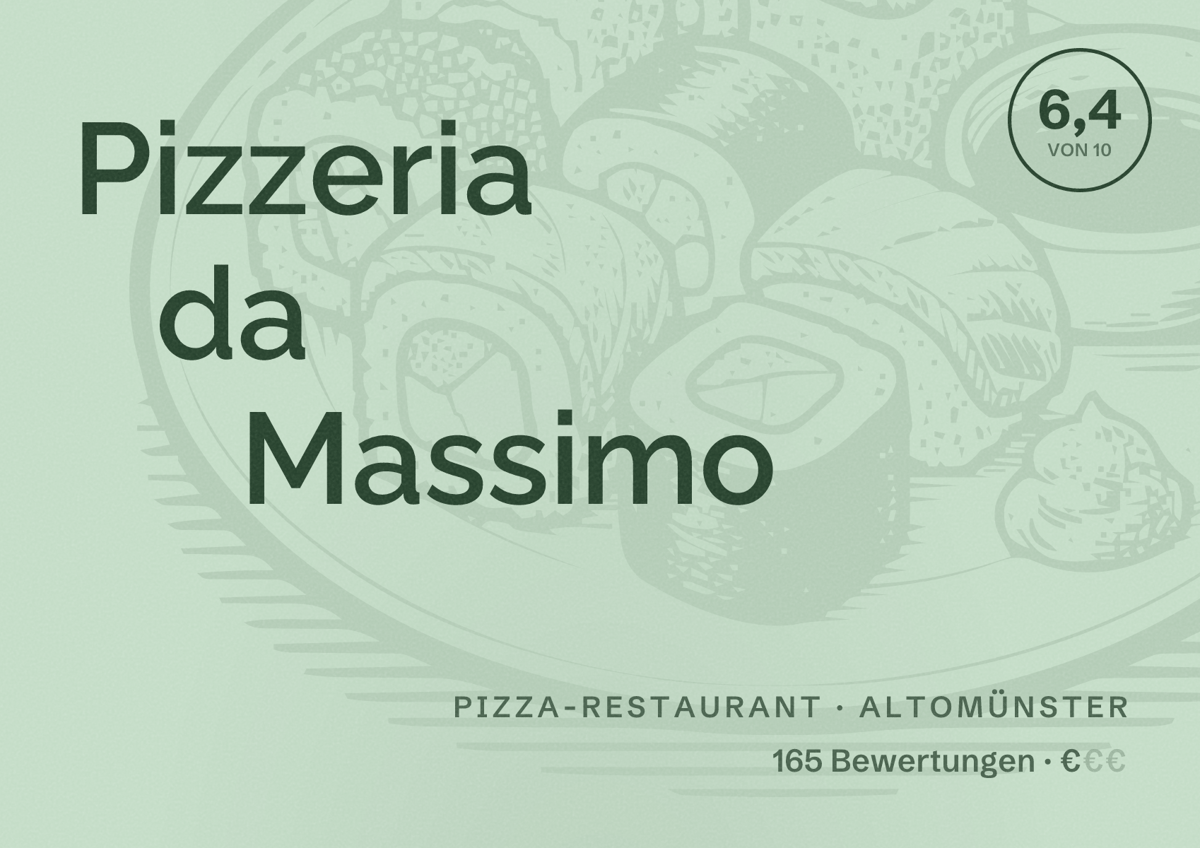 Illustriertes Poster von Pizzeria da Massimo, Pizza-Restaurant in Altomünster: Bewertung 6,4 von 10 aus 165 Bewertungen, Preisniveau €