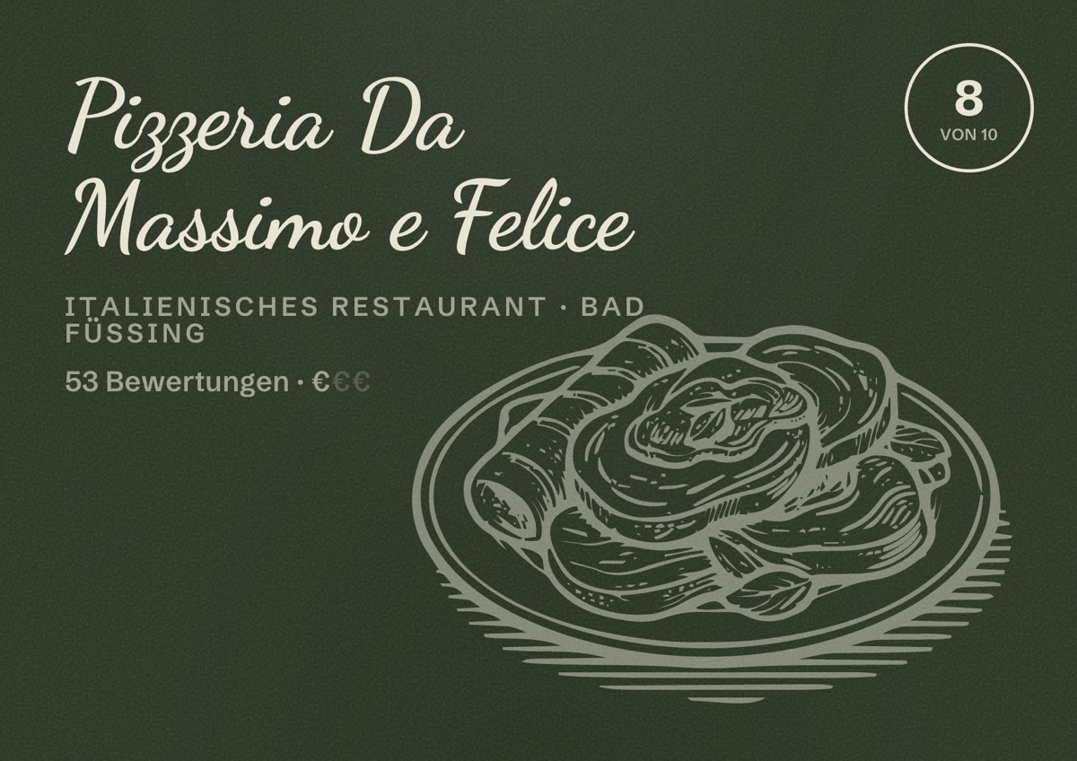 Illustriertes Poster von Pizzeria Da Massimo e Felice, Italienisches Restaurant in Bad Füssing: Bewertung 8 von 10 aus 53 Bewertungen, Preisniveau €