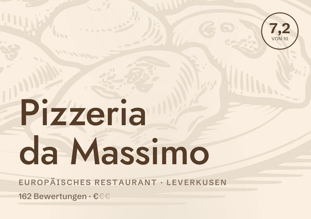 Illustriertes Poster von Pizzeria da Massimo, Europäisches Restaurant in Leverkusen: Bewertung 7,2 von 10 aus 162 Bewertungen, Preisniveau €