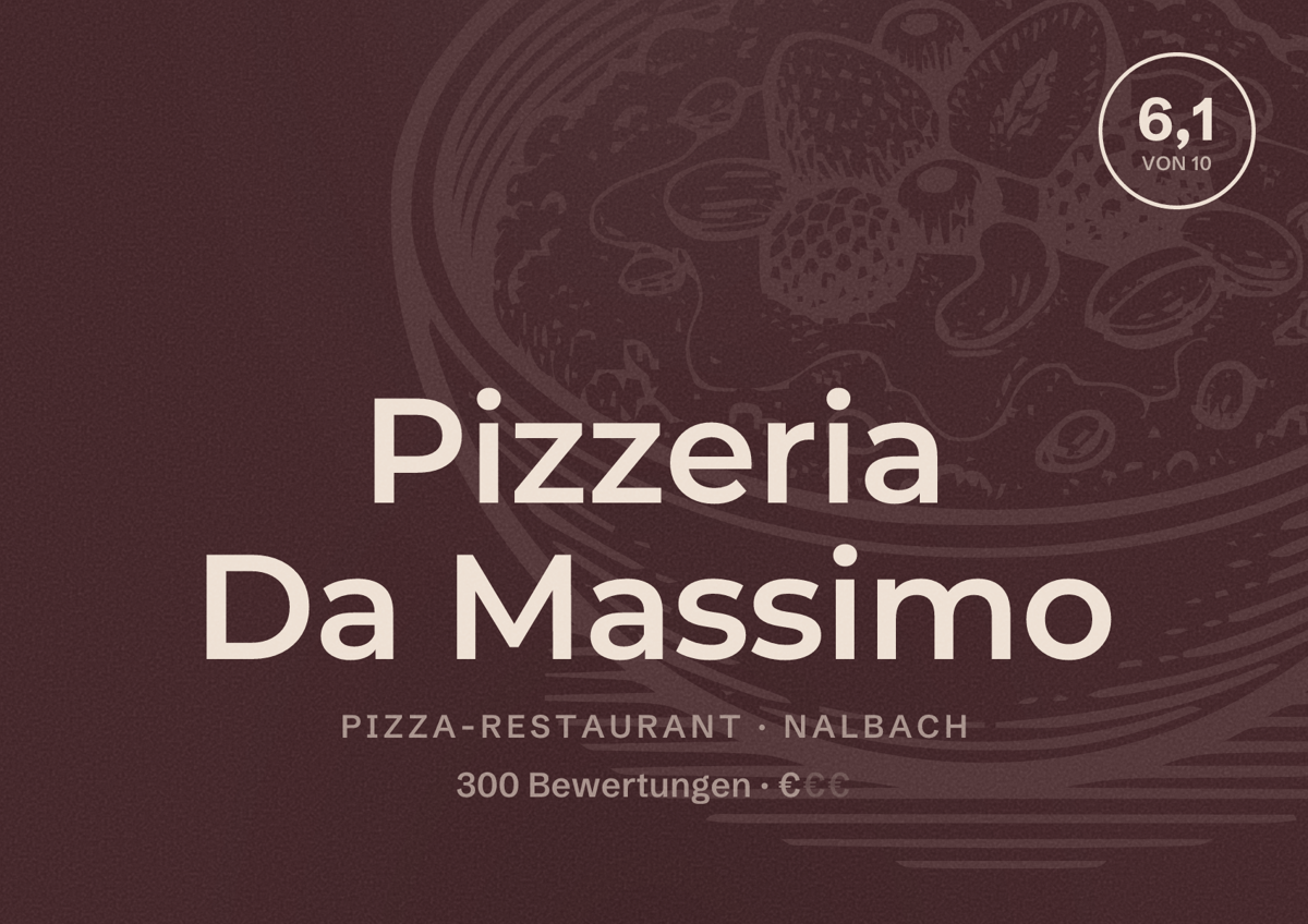 Illustriertes Poster von Pizzeria Da Massimo, Pizza-Restaurant in Nalbach: Bewertung 6,1 von 10 aus 300 Bewertungen, Preisniveau €