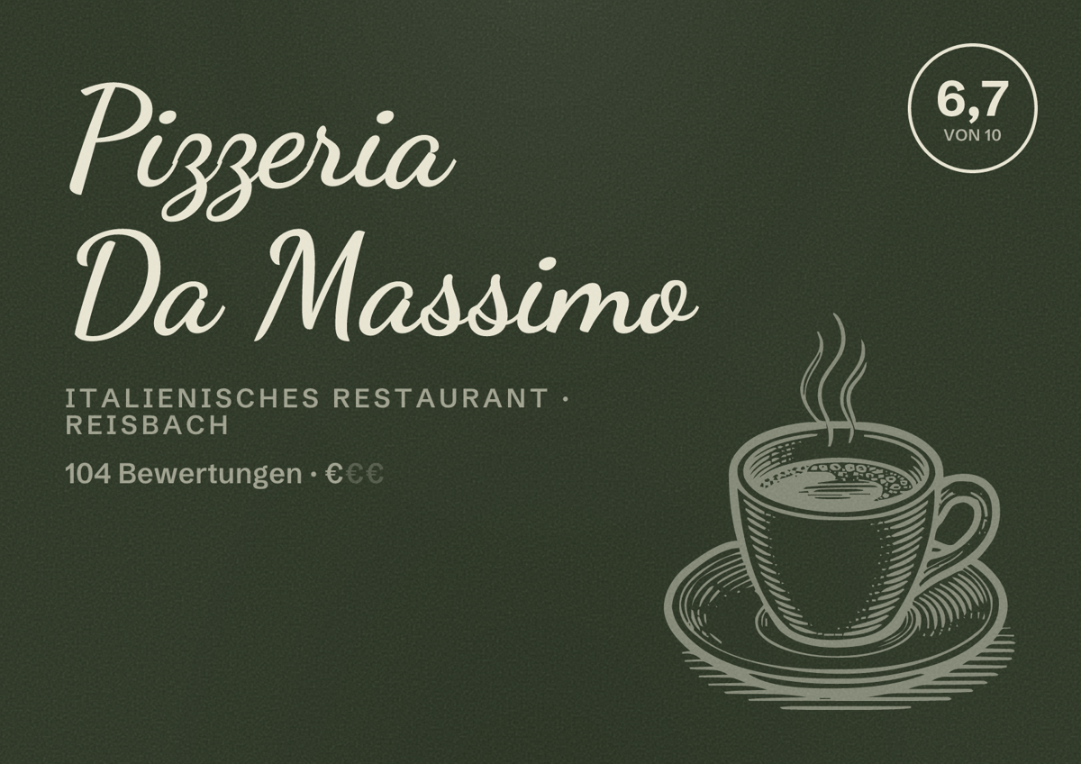 Illustriertes Poster von Pizzeria Da Massimo, Italienisches Restaurant in Reisbach: Bewertung 6,7 von 10 aus 104 Bewertungen, Preisniveau €
