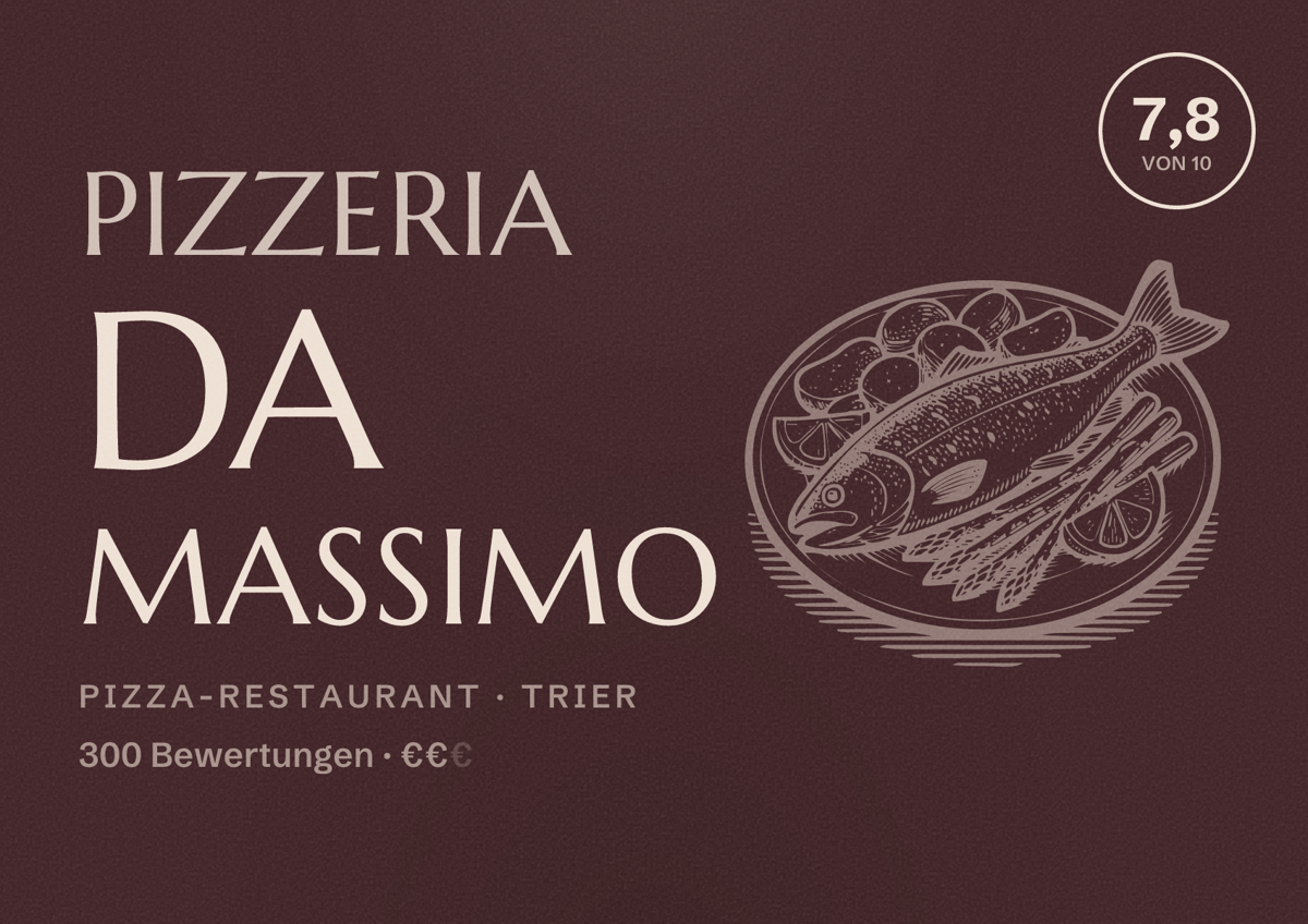 Illustriertes Poster von Pizzeria Da Massimo, Pizza-Restaurant in Trier: Bewertung 7,8 von 10 aus 300 Bewertungen, Preisniveau €€