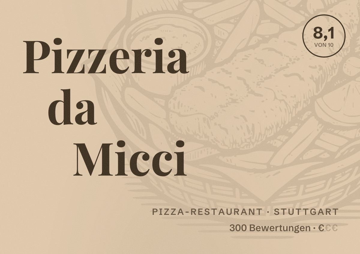 Illustriertes Poster von Pizzeria da Micci, Pizza-Restaurant in Stuttgart: Bewertung 8,1 von 10 aus 300 Bewertungen, Preisniveau €