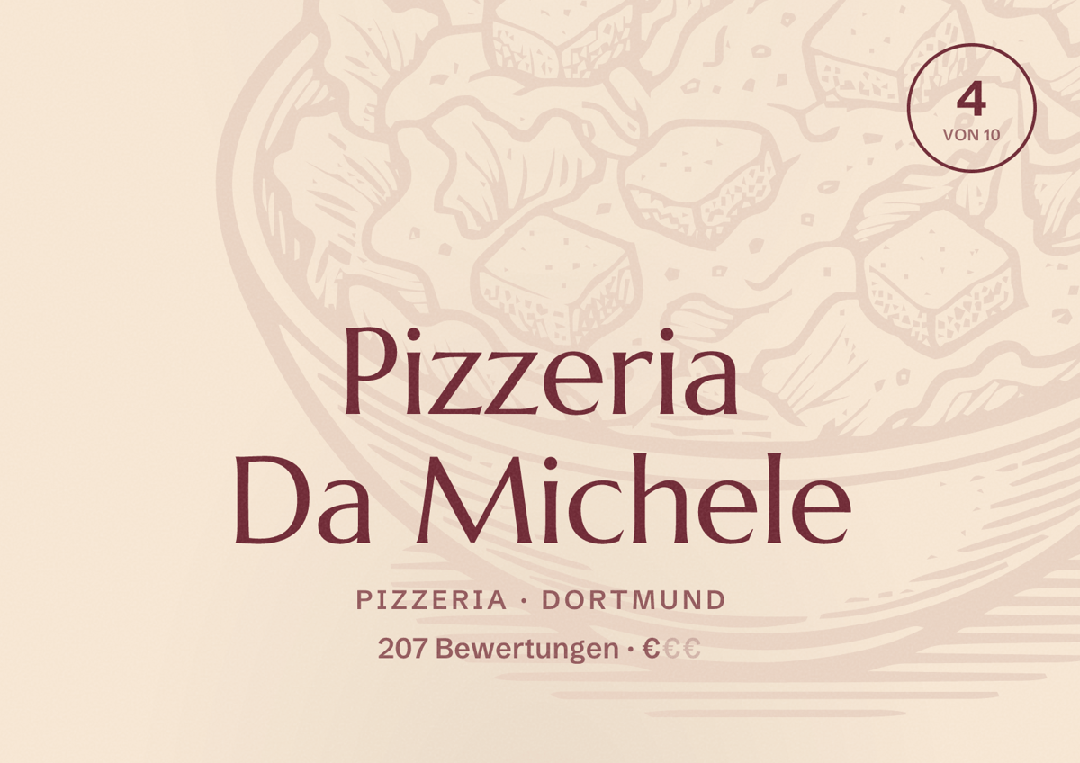 Illustriertes Poster von Pizzeria Da Michele, Pizzeria in Dortmund: Bewertung 4 von 10 aus 207 Bewertungen, Preisniveau €