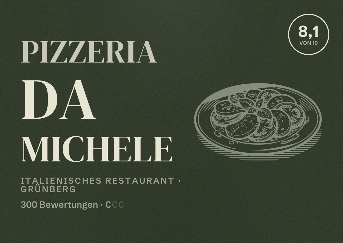 Illustriertes Poster von Pizzeria Da Michele, Italienisches Restaurant in Grünberg: Bewertung 8,1 von 10 aus 300 Bewertungen, Preisniveau €