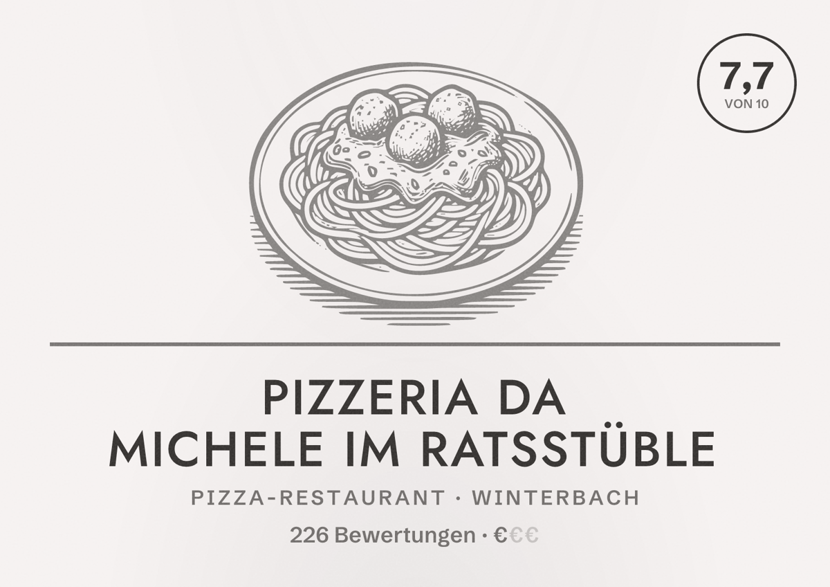 Illustriertes Poster von Pizzeria da Michele im Ratsstüble, Pizza-Restaurant in Winterbach: Bewertung 7,7 von 10 aus 226 Bewertungen, Preisniveau €