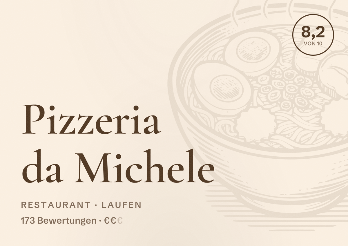 Illustriertes Poster von Pizzeria da Michele, Restaurant in Laufen: Bewertung 8,2 von 10 aus 173 Bewertungen, Preisniveau €€