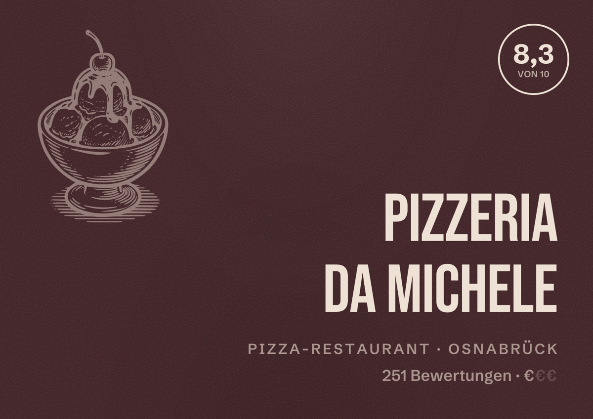 Illustriertes Poster von Pizzeria Da Michele, Pizza-Restaurant in Osnabrück: Bewertung 8,3 von 10 aus 251 Bewertungen, Preisniveau €