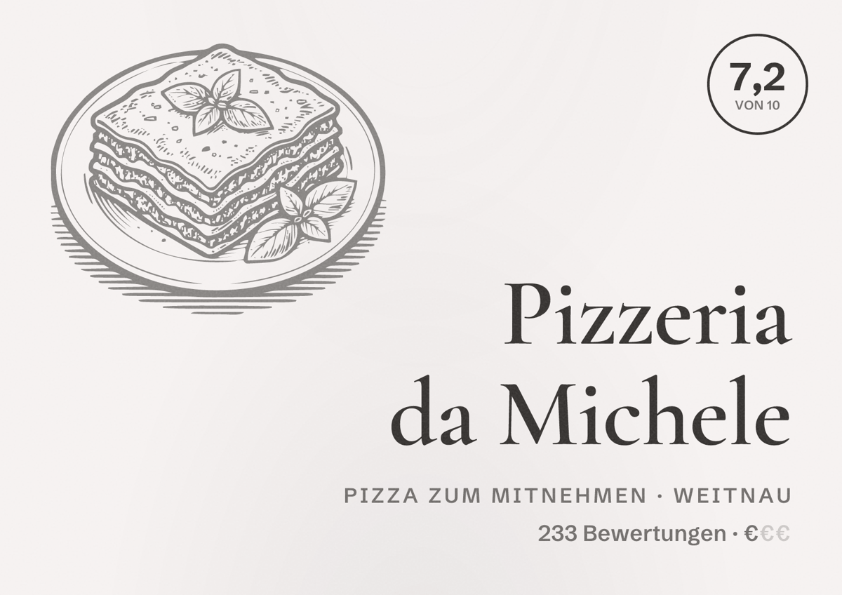 Illustriertes Poster von Pizzeria da Michele, Pizza zum Mitnehmen in Weitnau: Bewertung 7,2 von 10 aus 233 Bewertungen, Preisniveau €