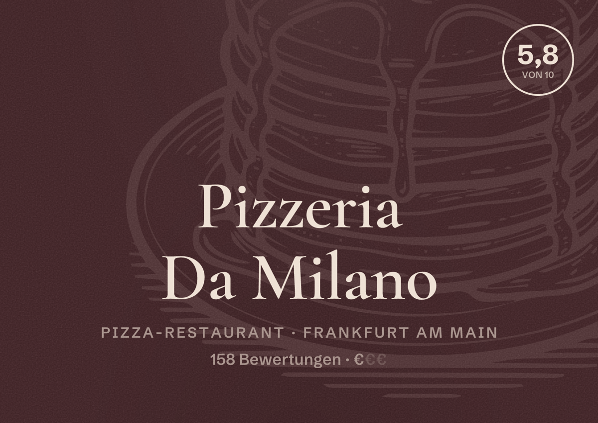 Illustriertes Poster von Pizzeria Da Milano, Pizza-Restaurant in Frankfurt am Main: Bewertung 5,8 von 10 aus 158 Bewertungen, Preisniveau €