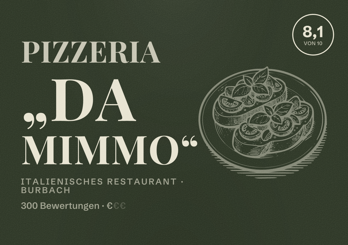 Illustriertes Poster von Pizzeria „Da Mimmo“, Italienisches Restaurant in Burbach: Bewertung 8,1 von 10 aus 300 Bewertungen, Preisniveau €