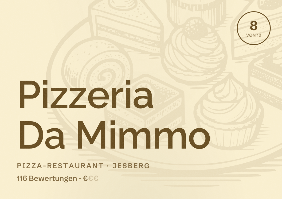 Illustriertes Poster von Pizzeria Da Mimmo, Pizza-Restaurant in Jesberg: Bewertung 8 von 10 aus 116 Bewertungen, Preisniveau €