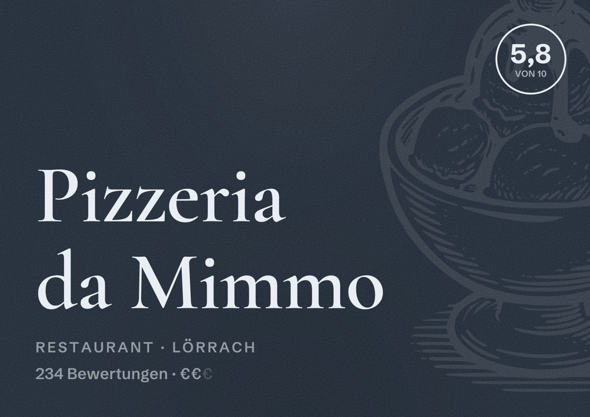 Illustriertes Poster von Pizzeria da Mimmo, Restaurant in Lörrach: Bewertung 5,8 von 10 aus 234 Bewertungen, Preisniveau €€