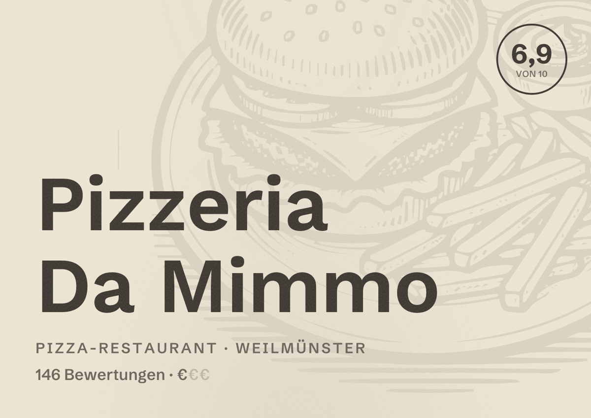 Illustriertes Poster von Pizzeria Da Mimmo, Pizza-Restaurant in Weilmünster: Bewertung 6,9 von 10 aus 146 Bewertungen, Preisniveau €