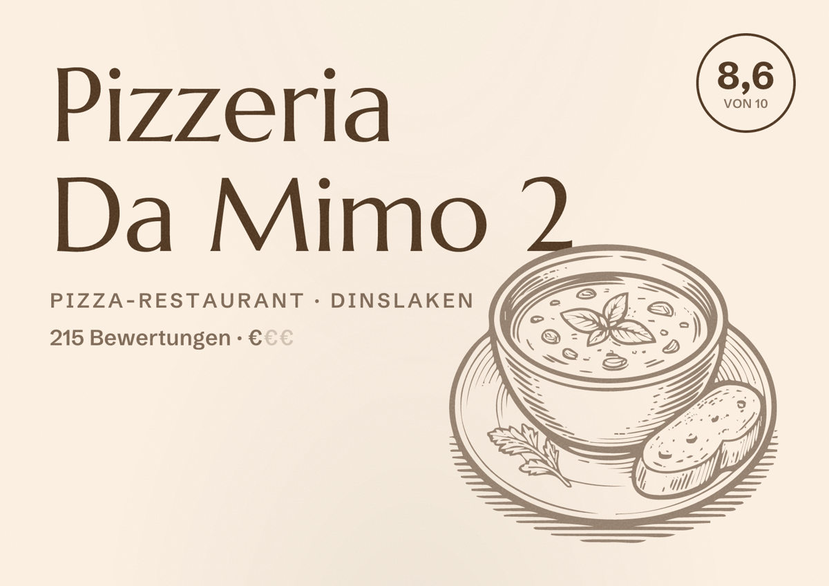 Illustriertes Poster von Pizzeria Da Mimo 2, Pizza-Restaurant in Dinslaken: Bewertung 8,6 von 10 aus 215 Bewertungen, Preisniveau €