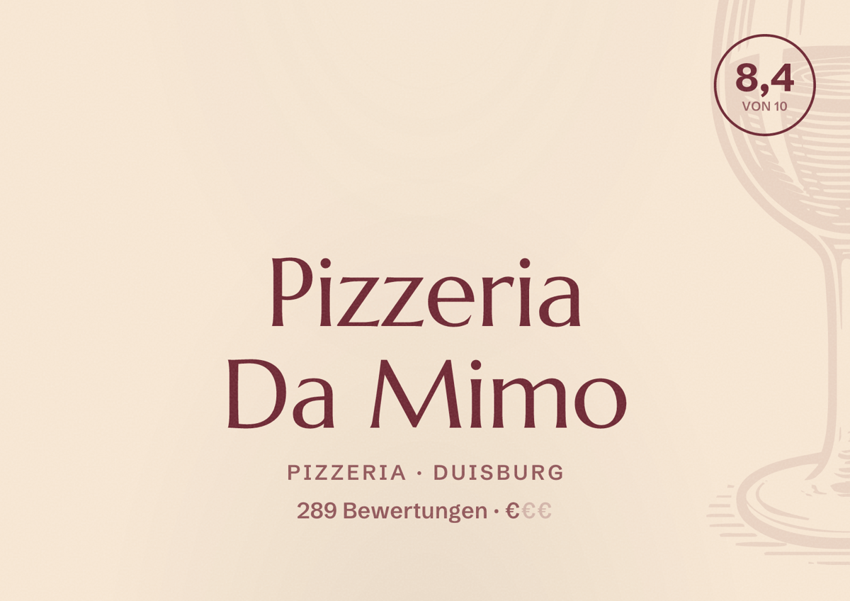 Illustriertes Poster von Pizzeria Da Mimo, Pizzeria in Duisburg: Bewertung 8,4 von 10 aus 289 Bewertungen, Preisniveau €