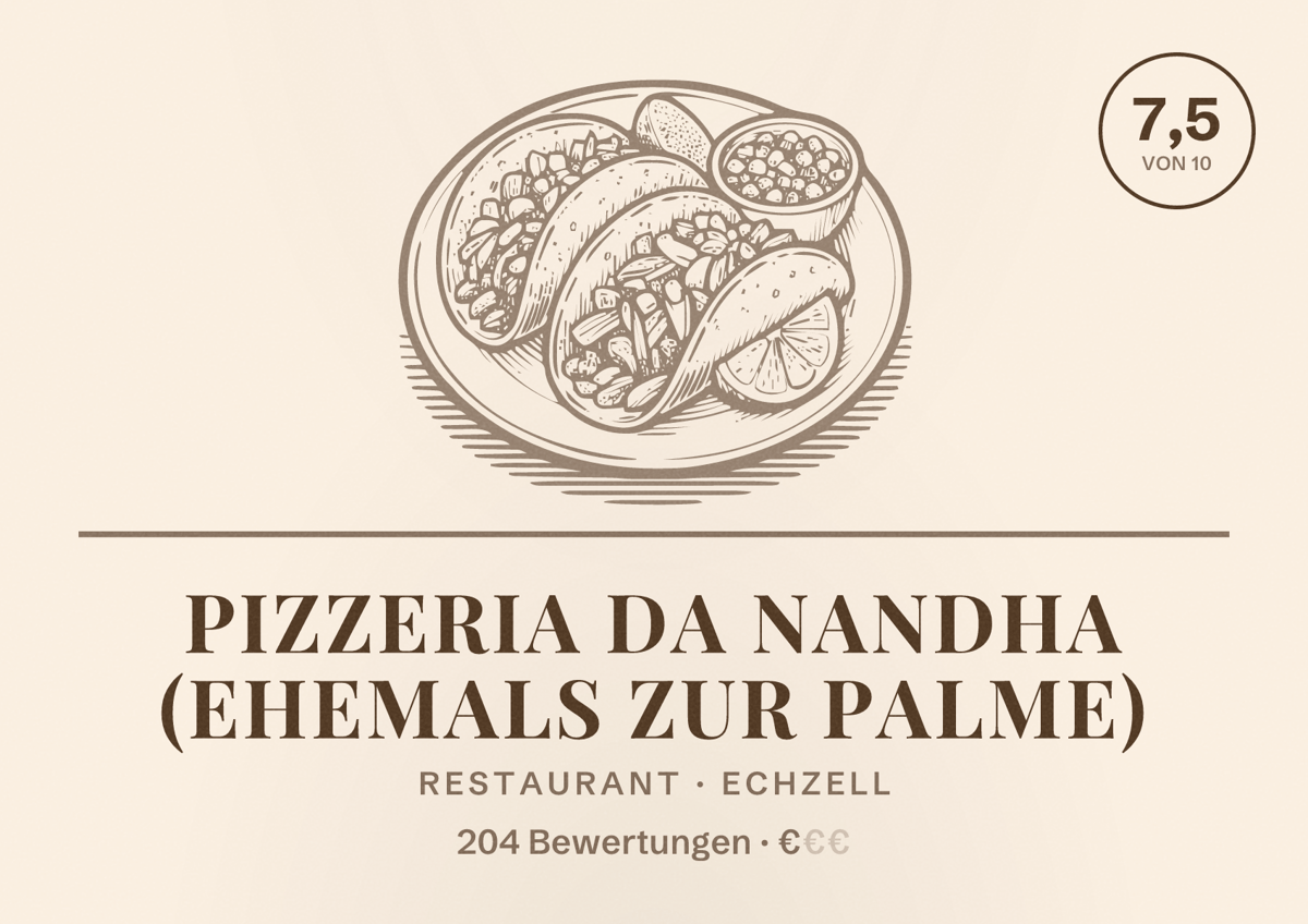 Illustriertes Poster von Pizzeria Da Nandha (ehemals Zur Palme), Restaurant in Echzell: Bewertung 7,5 von 10 aus 204 Bewertungen, Preisniveau €