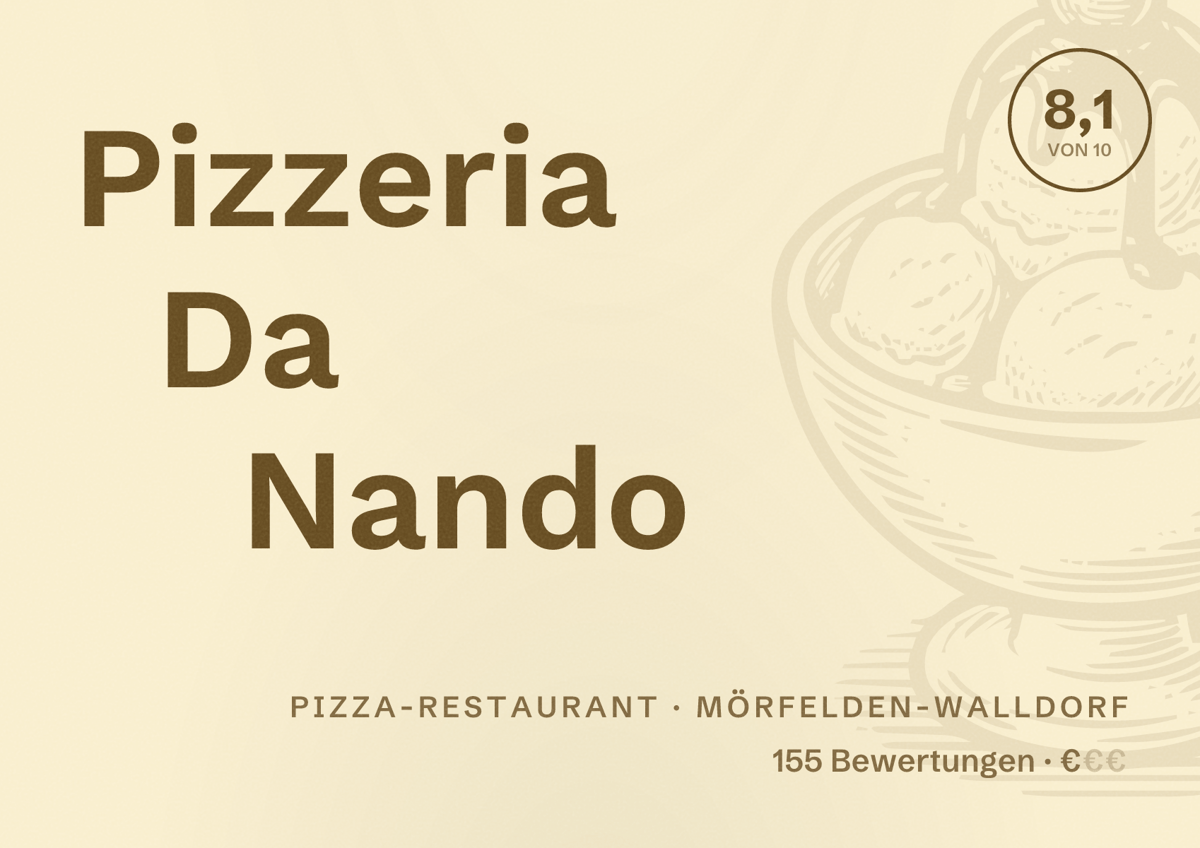 Illustriertes Poster von Pizzeria Da Nando, Pizza-Restaurant in Mörfelden-Walldorf: Bewertung 8,1 von 10 aus 155 Bewertungen, Preisniveau €