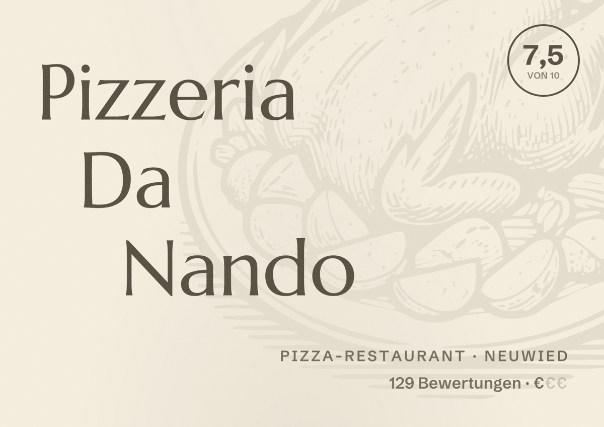 Illustriertes Poster von Pizzeria Da Nando, Pizza-Restaurant in Neuwied: Bewertung 7,5 von 10 aus 129 Bewertungen, Preisniveau €