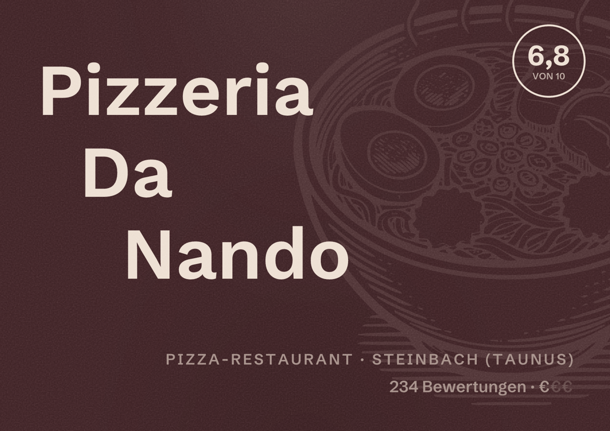 Illustriertes Poster von Pizzeria Da Nando, Pizza-Restaurant in Steinbach (Taunus): Bewertung 6,8 von 10 aus 234 Bewertungen, Preisniveau €