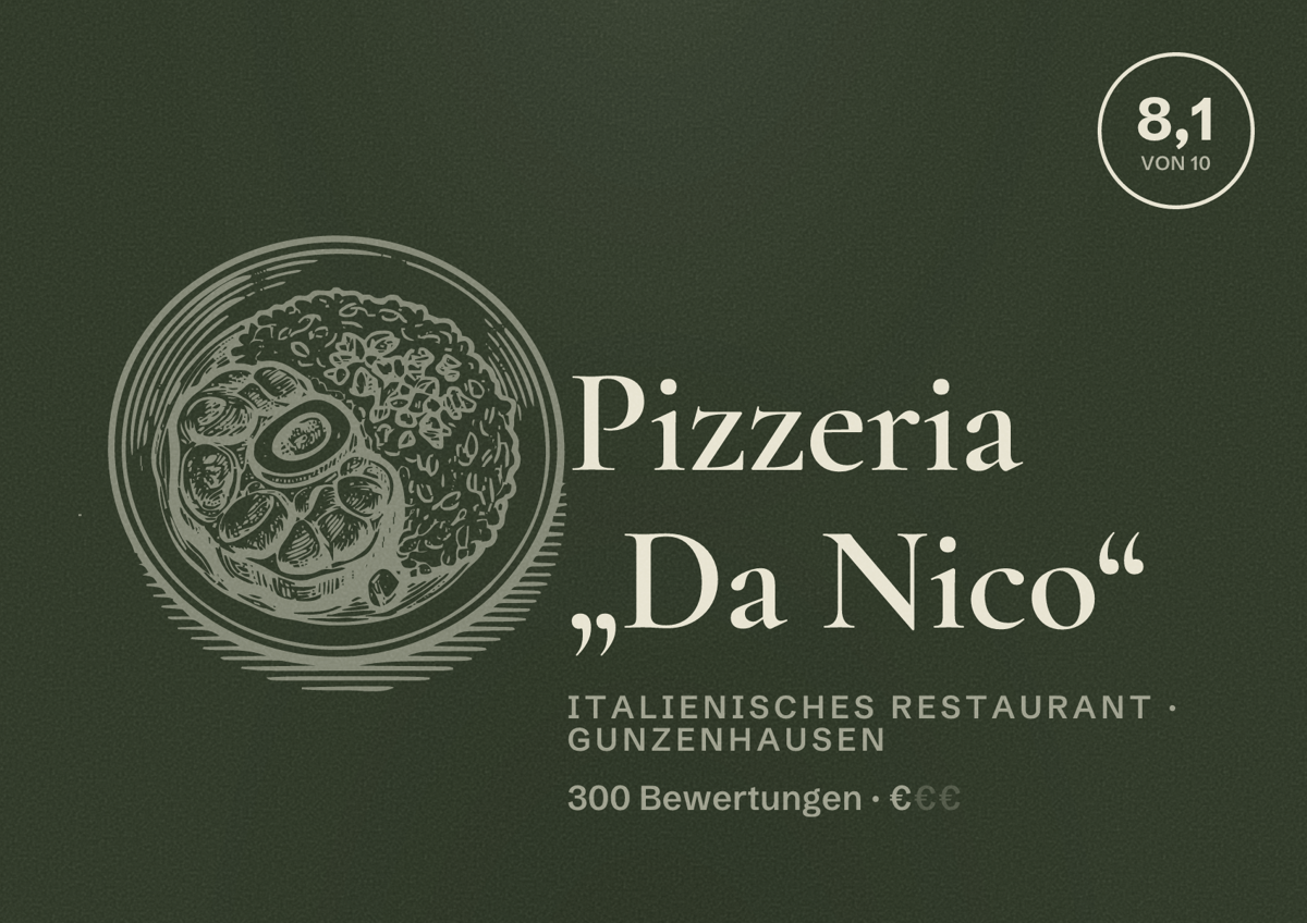 Illustriertes Poster von Pizzeria „Da Nico“, Italienisches Restaurant in Gunzenhausen: Bewertung 8,1 von 10 aus 300 Bewertungen, Preisniveau €