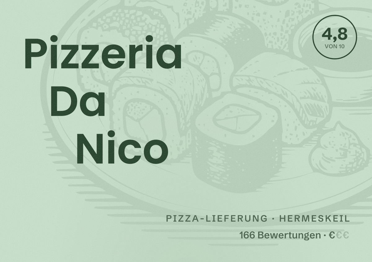 Illustriertes Poster von Pizzeria Da Nico, Pizza-Lieferung in Hermeskeil: Bewertung 4,8 von 10 aus 166 Bewertungen, Preisniveau €