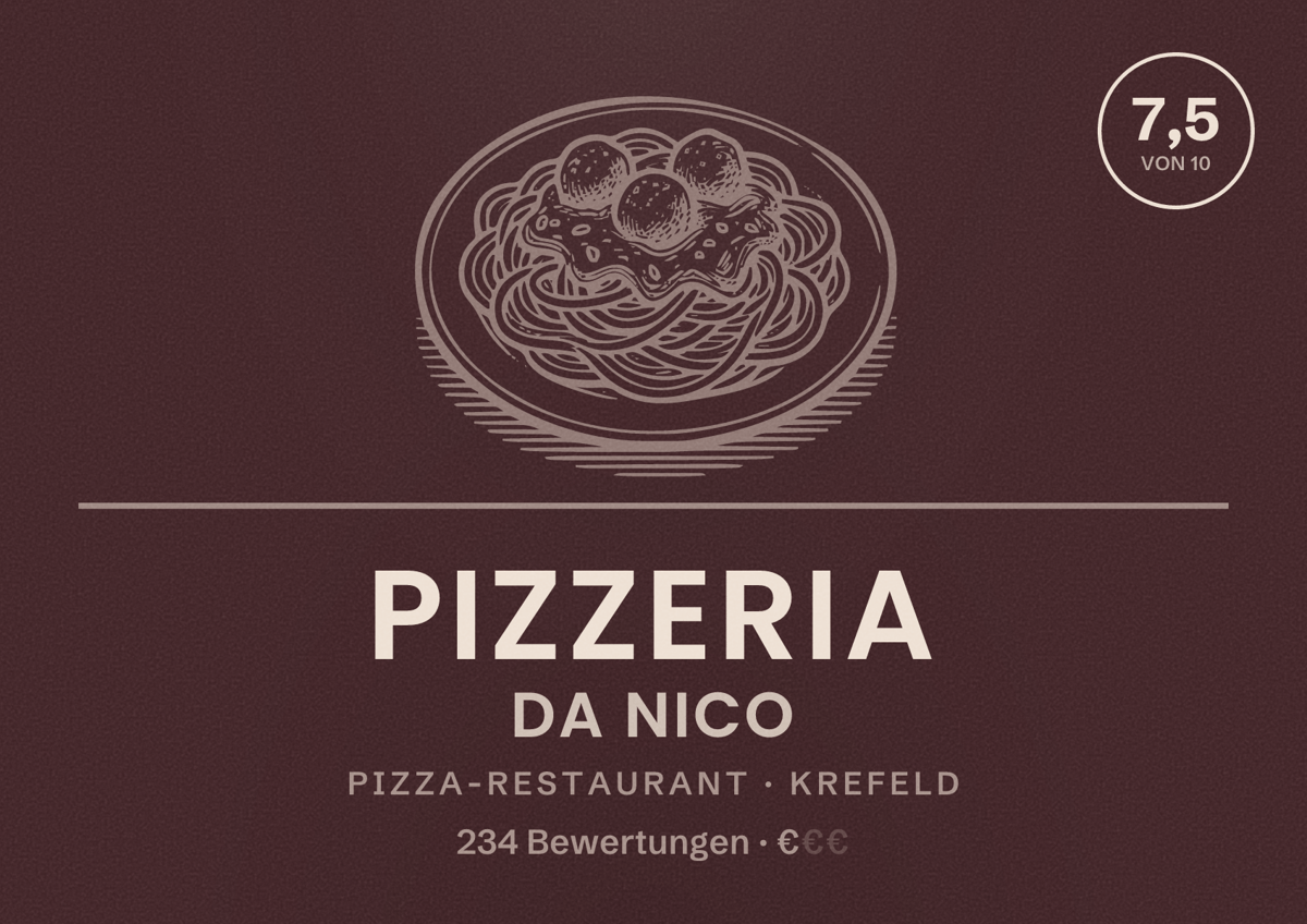 Illustriertes Poster von Pizzeria Da Nico, Pizza-Restaurant in Krefeld: Bewertung 7,5 von 10 aus 234 Bewertungen, Preisniveau €