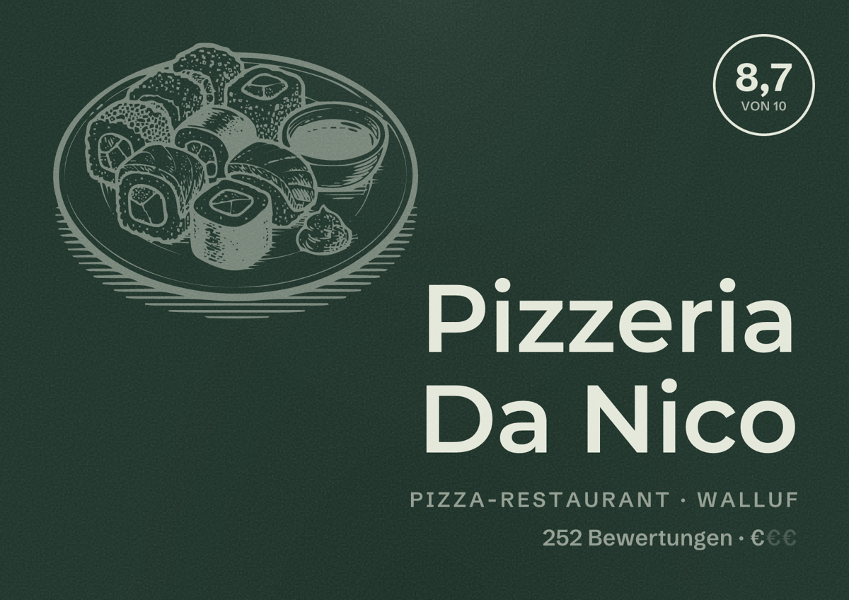 Illustriertes Poster von Pizzeria Da Nico, Pizza-Restaurant in Walluf: Bewertung 8,7 von 10 aus 252 Bewertungen, Preisniveau €
