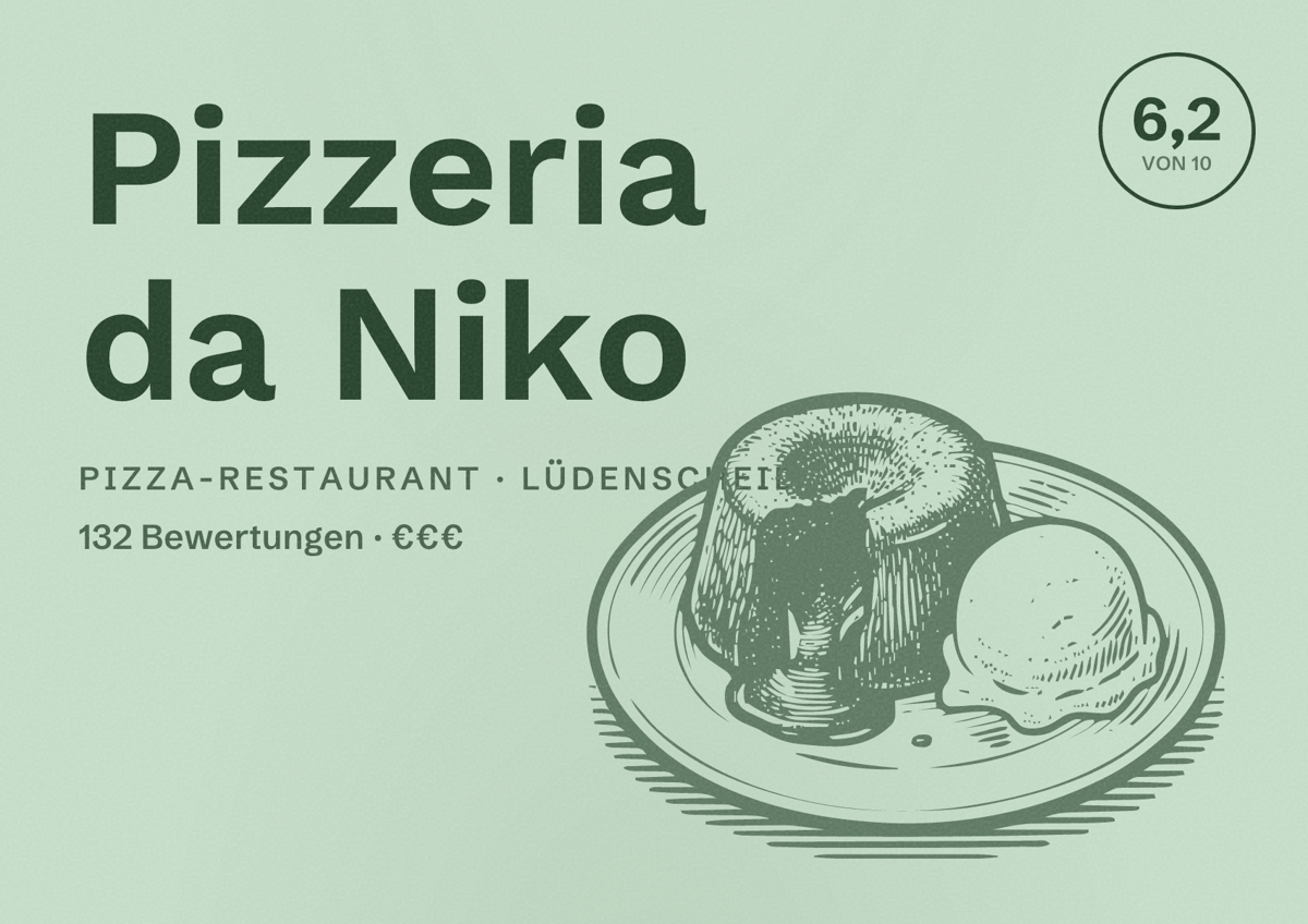 Illustriertes Poster von Pizzeria da Niko, Pizza-Restaurant in Lüdenscheid: Bewertung 6,2 von 10 aus 132 Bewertungen, Preisniveau €€€
