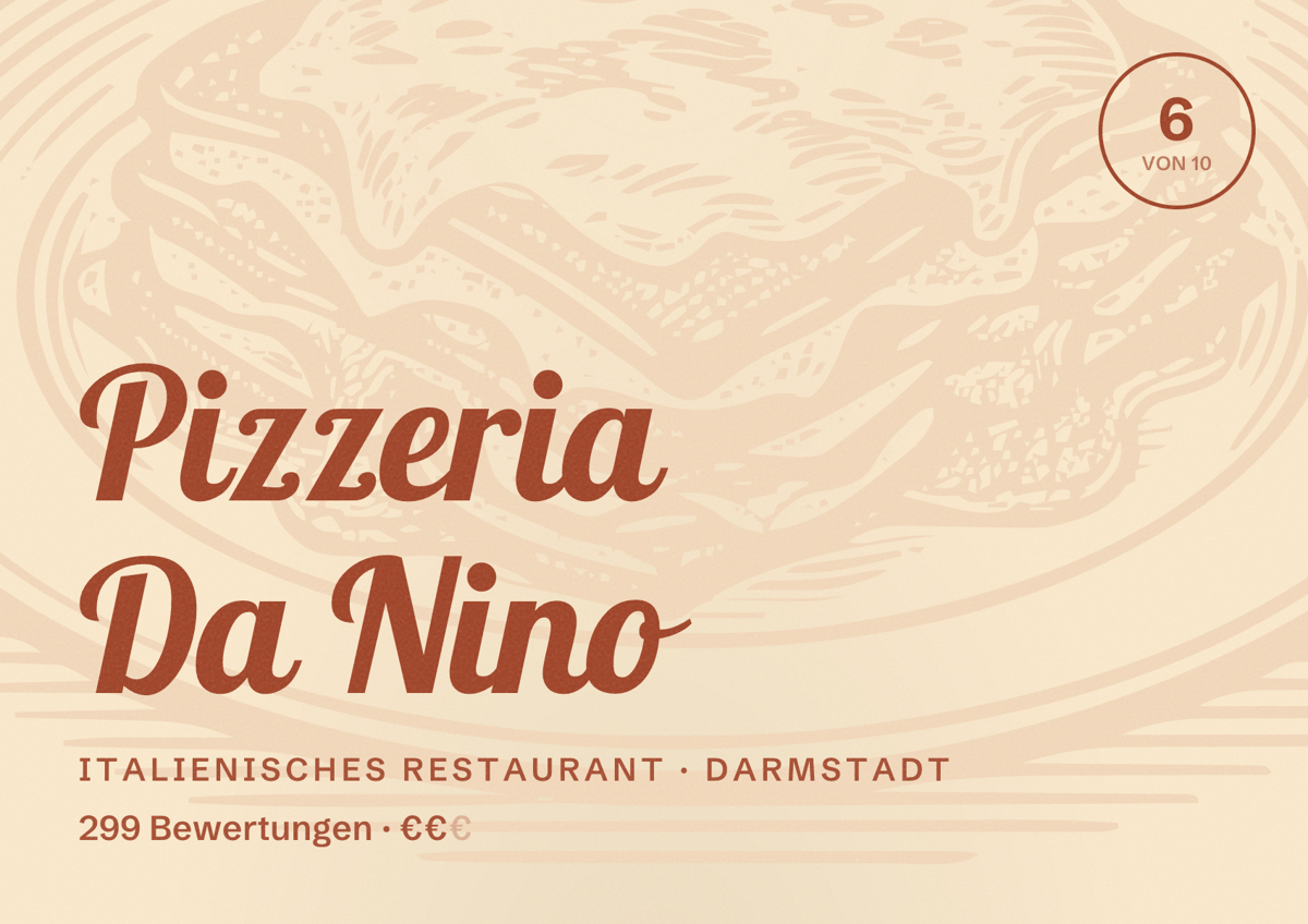 Illustriertes Poster von Pizzeria Da Nino, Italienisches Restaurant in Darmstadt: Bewertung 6,0 von 10 aus 299 Bewertungen, Preisniveau €€