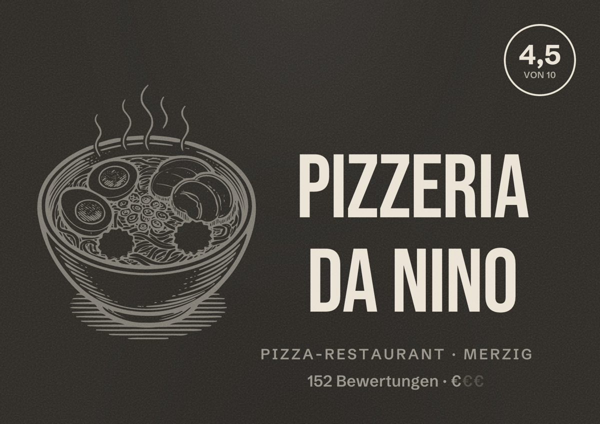 Illustriertes Poster von Pizzeria Da Nino, Pizza-Restaurant in Merzig: Bewertung 4,5 von 10 aus 152 Bewertungen, Preisniveau €