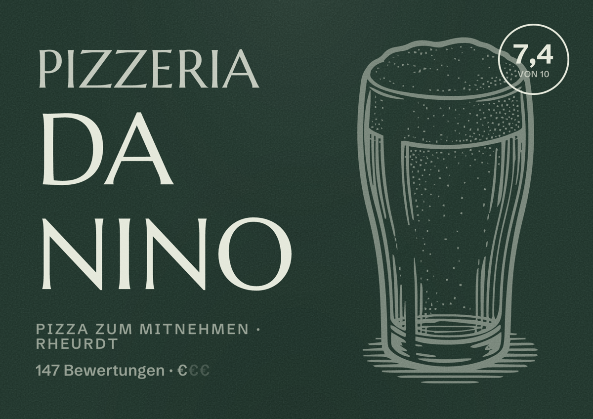 Illustriertes Poster von Pizzeria Da Nino, Pizza zum Mitnehmen in Rheurdt: Bewertung 7,4 von 10 aus 147 Bewertungen, Preisniveau €