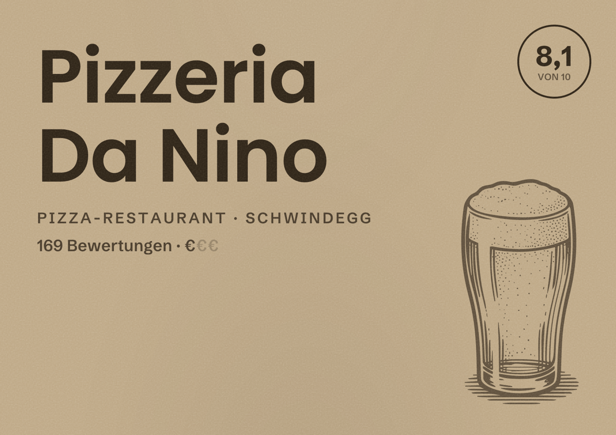 Illustriertes Poster von Pizzeria Da Nino, Pizza-Restaurant in Schwindegg: Bewertung 8,1 von 10 aus 169 Bewertungen, Preisniveau €