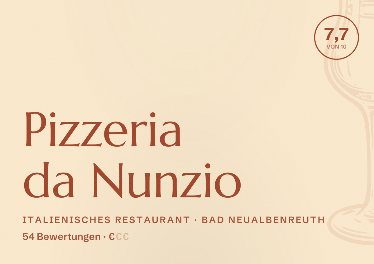 Illustriertes Poster von Pizzeria da Nunzio, Italienisches Restaurant in Bad Neualbenreuth: Bewertung 7,7 von 10 aus 54 Bewertungen, Preisniveau €