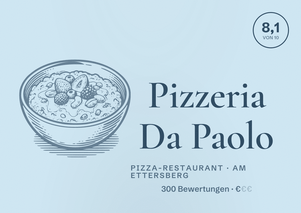 Illustriertes Poster von Pizzeria Da Paolo, Pizza-Restaurant in Am Ettersberg: Bewertung 8,1 von 10 aus 300 Bewertungen, Preisniveau €