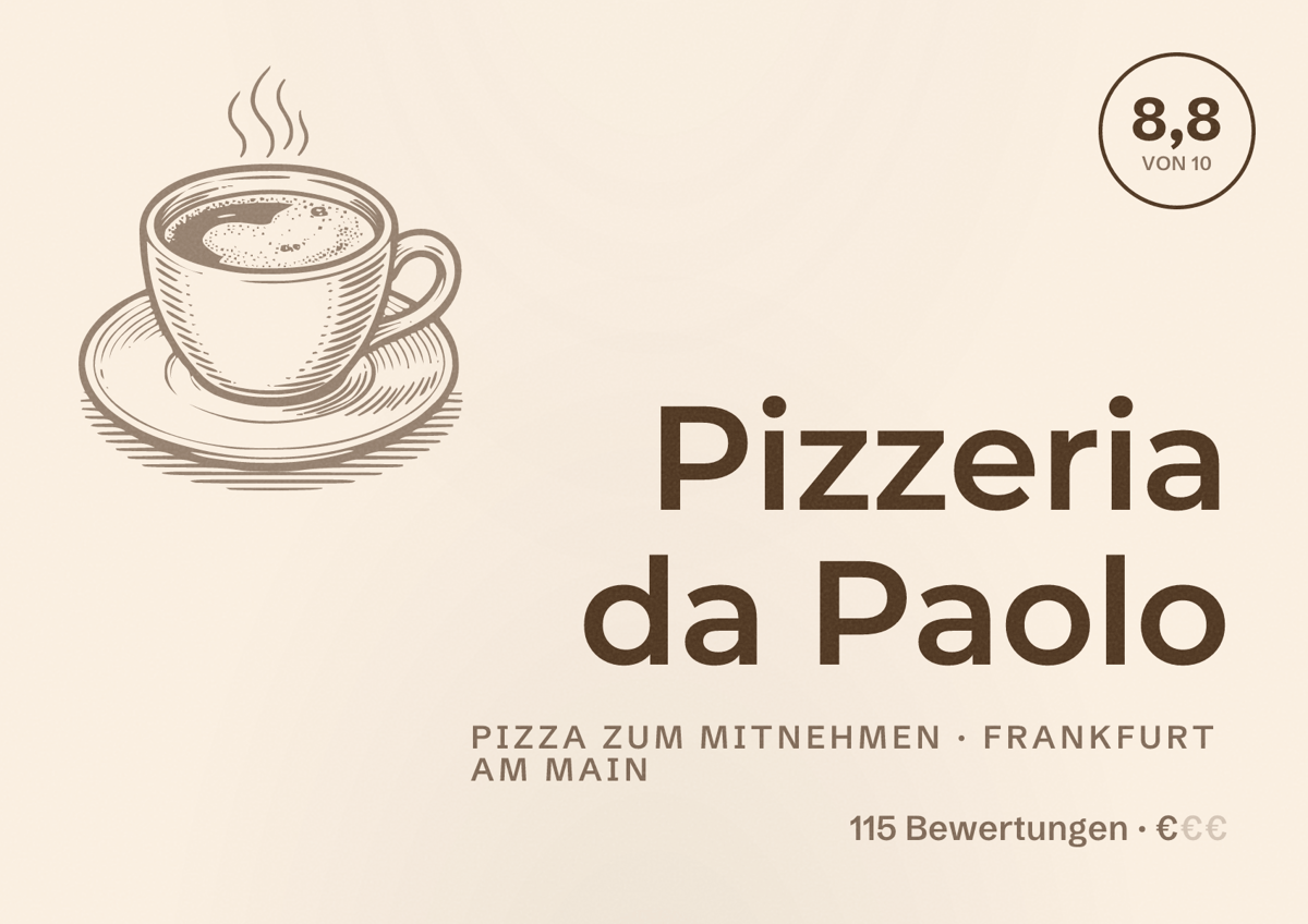 Illustriertes Poster von Pizzeria da Paolo, Pizza zum Mitnehmen in Frankfurt am Main: Bewertung 8,8 von 10 aus 115 Bewertungen, Preisniveau €