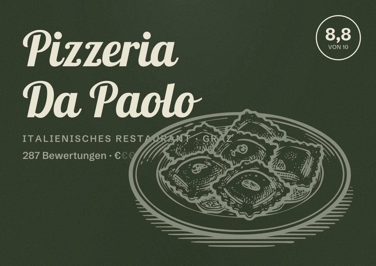 Illustriertes Poster von Pizzeria Da Paolo, Italienisches Restaurant in Graz: Bewertung 8,8 von 10 aus 287 Bewertungen, Preisniveau €
