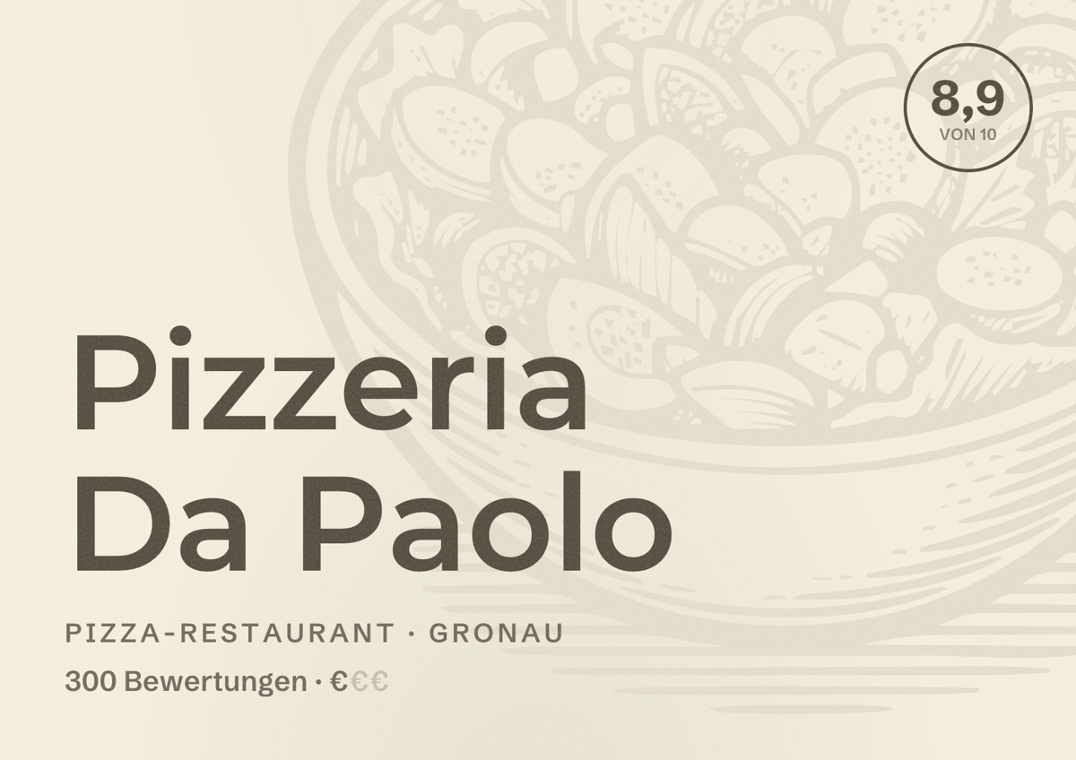 Illustriertes Poster von Pizzeria Da Paolo, Pizza-Restaurant in Gronau: Bewertung 8,9 von 10 aus 300 Bewertungen, Preisniveau €
