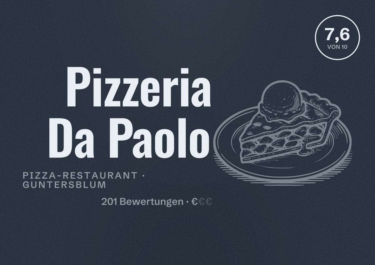 Illustriertes Poster von Pizzeria Da Paolo, Pizza-Restaurant in Guntersblum: Bewertung 7,6 von 10 aus 201 Bewertungen, Preisniveau €