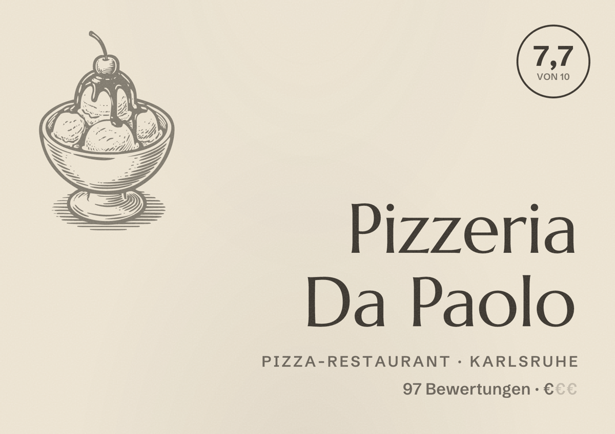 Illustriertes Poster von Pizzeria Da Paolo, Pizza-Restaurant in Karlsruhe: Bewertung 7,7 von 10 aus 97 Bewertungen, Preisniveau €