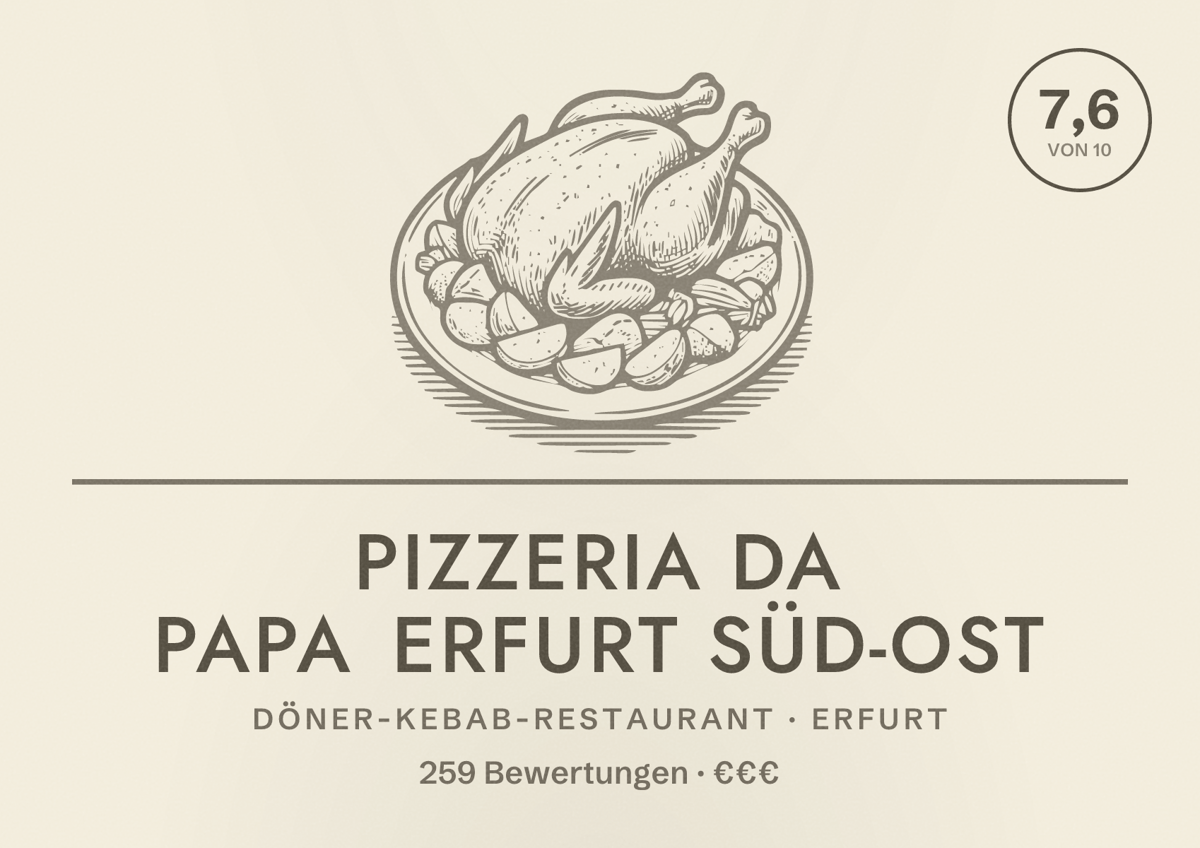 Illustriertes Poster von Pizzeria Da Papa Erfurt Süd-Ost, Döner-Kebab-Restaurant in Erfurt: Bewertung 7,6 von 10 aus 259 Bewertungen, Preisniveau €€€