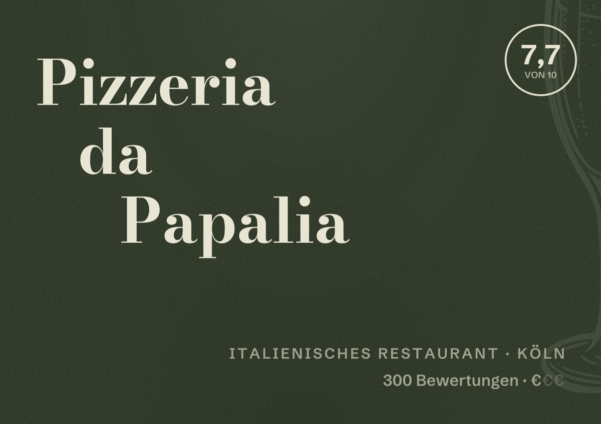 Illustriertes Poster von Pizzeria da Papalia, Italienisches Restaurant in Köln: Bewertung 7,7 von 10 aus 300 Bewertungen, Preisniveau €