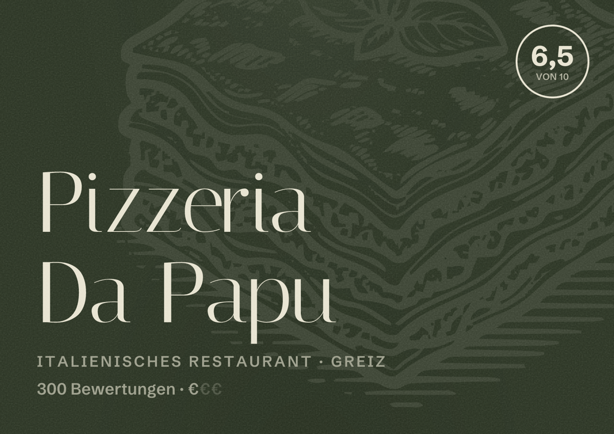 Illustriertes Poster von Pizzeria Da Papu, Italienisches Restaurant in Greiz: Bewertung 6,5 von 10 aus 300 Bewertungen, Preisniveau €