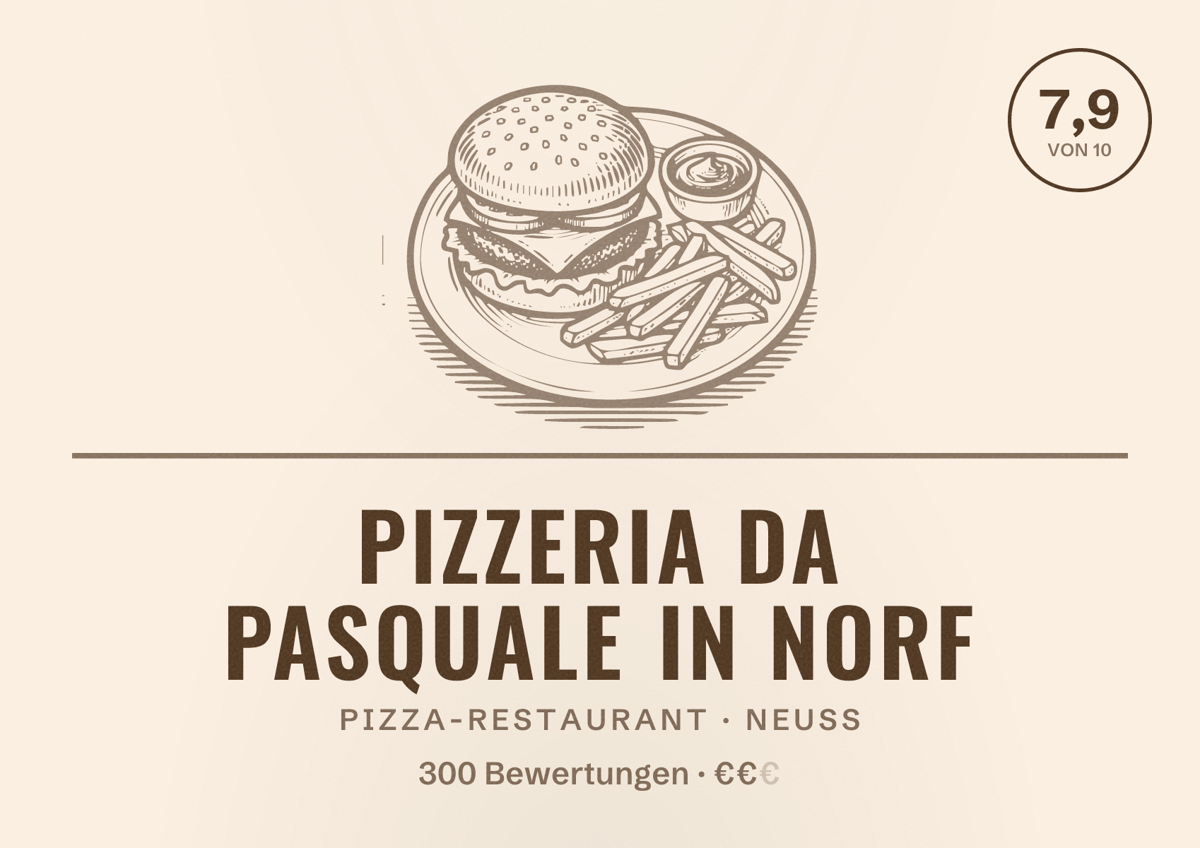 Illustriertes Poster von Pizzeria da Pasquale In Norf, Pizza-Restaurant in Neuss: Bewertung 7,9 von 10 aus 300 Bewertungen, Preisniveau €€