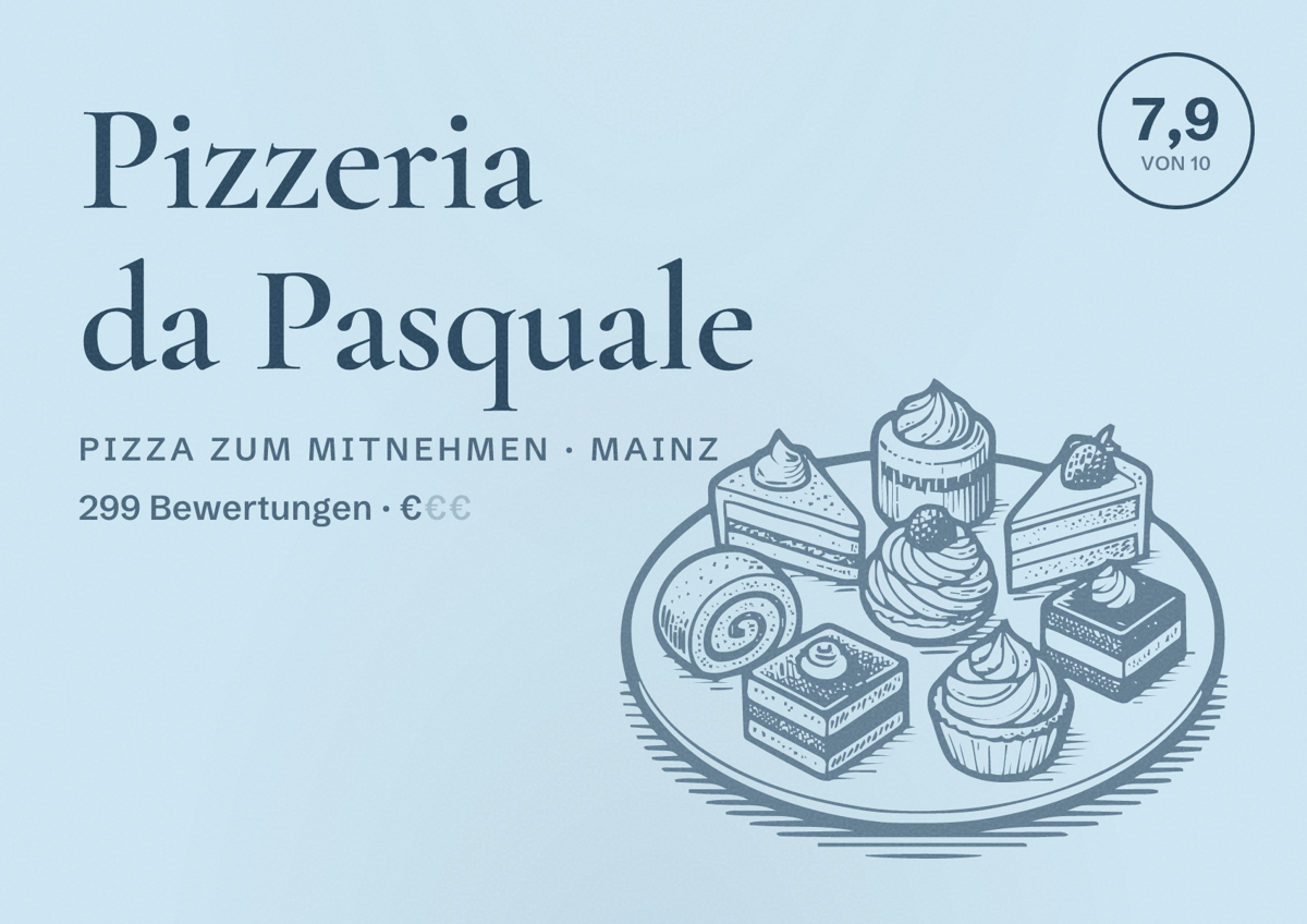 Illustriertes Poster von Pizzeria da Pasquale, Pizza zum Mitnehmen in Mainz: Bewertung 7,9 von 10 aus 299 Bewertungen, Preisniveau €