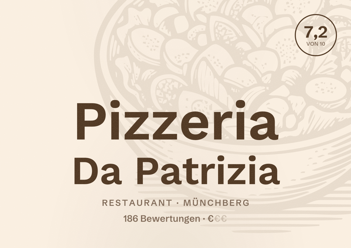 Illustriertes Poster von Pizzeria Da Patrizia, Restaurant in Münchberg: Bewertung 7,2 von 10 aus 186 Bewertungen, Preisniveau €