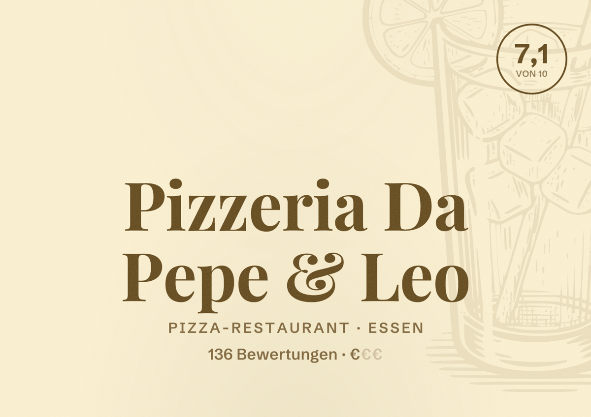 Illustriertes Poster von Pizzeria Da Pepe & Leo, Pizza-Restaurant in Essen: Bewertung 7,1 von 10 aus 136 Bewertungen, Preisniveau €